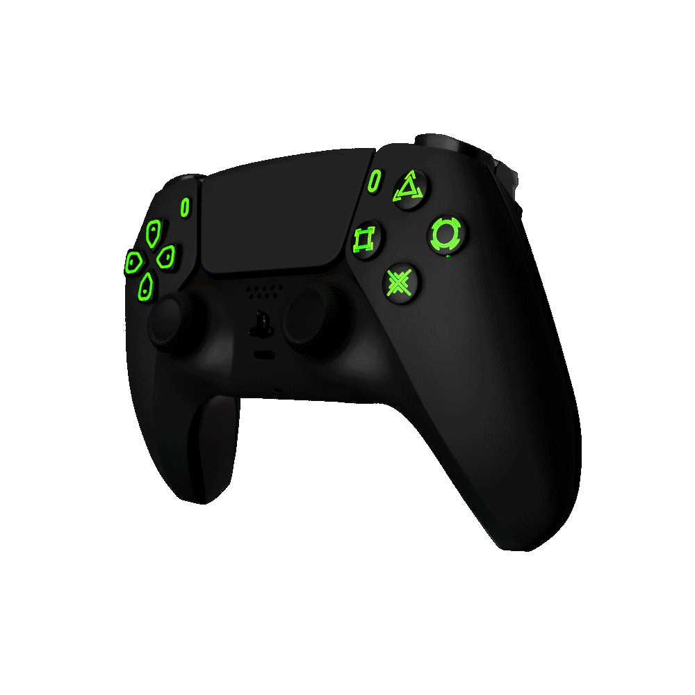 LED Stealth Edition Custom PS5 Controller. Angled View. Interchanging LEDs.