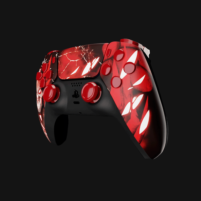 Marauder Edition Custom PS5 Controller. Angled View. Interchanging Glow.